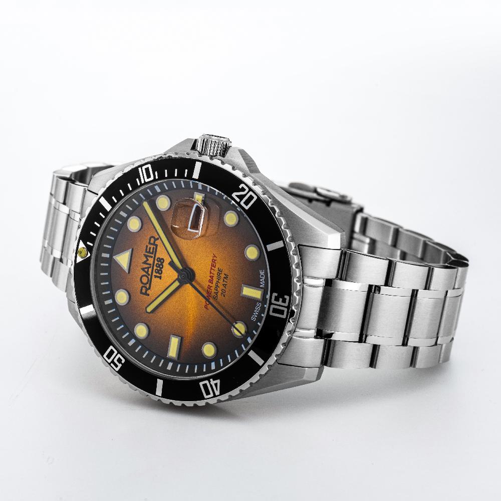Roamer Pro Diver 200 43 Mm Quartz Three-Hand Date Yellow Gradient Dial Silver Bracelet Sapphire Glass Stainless Steel Swiss Watch