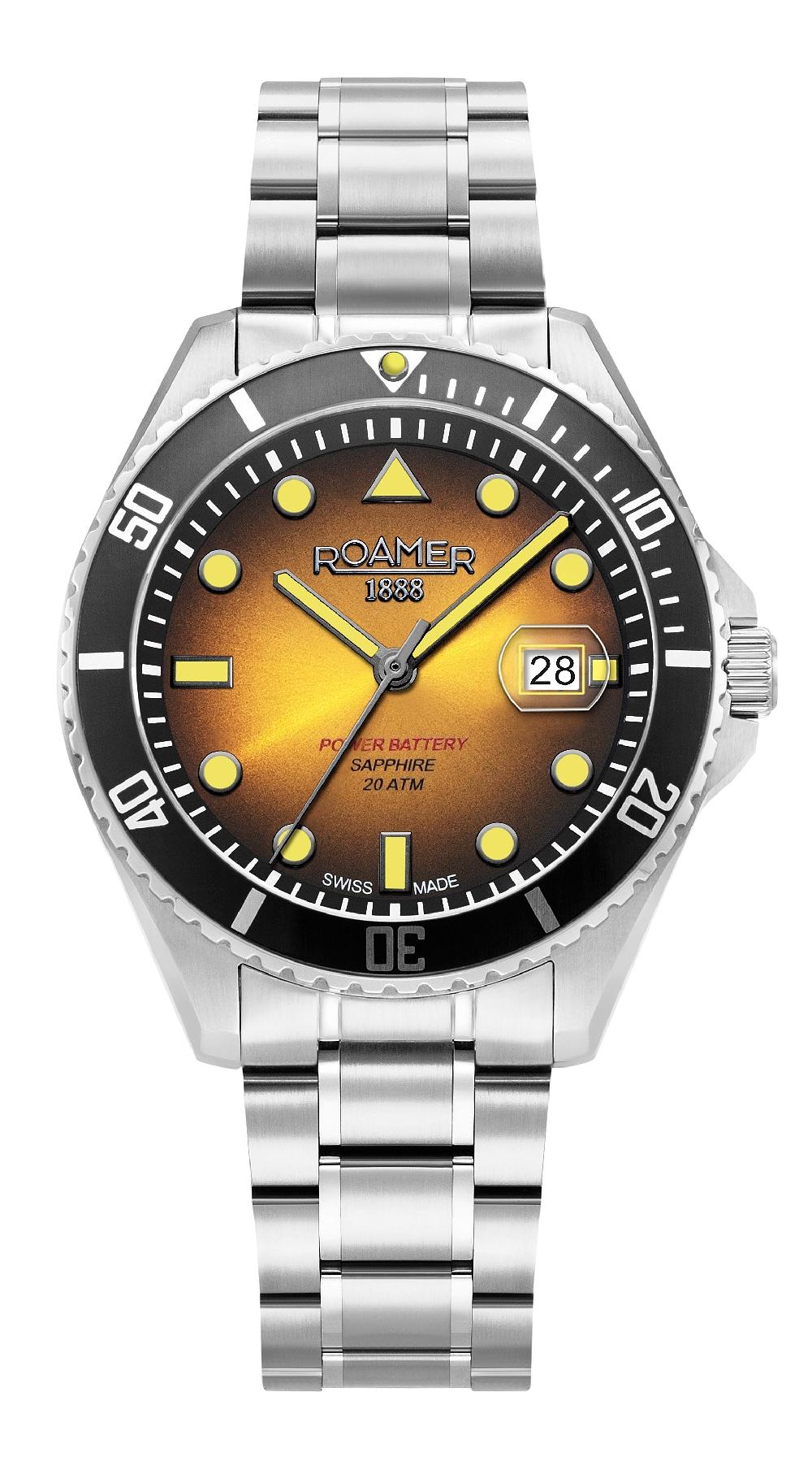 roamer Pro Diver 200 43 mm Quartz Three-Hand Date Yellow Gradient Dial Silver Bracelet Sapphire glass Stainless Steel swiss watch