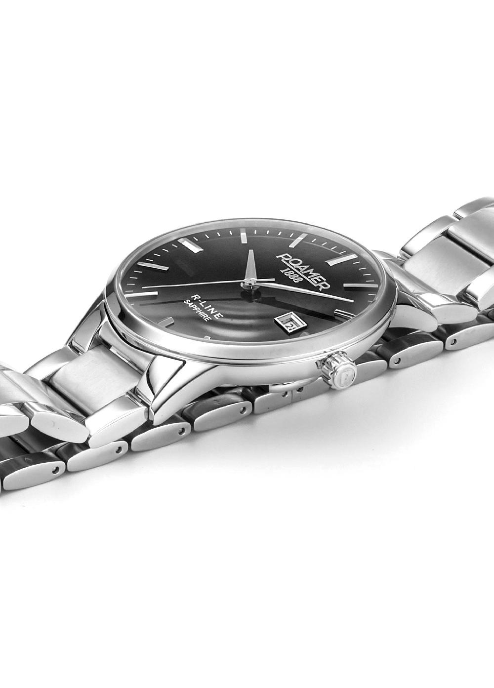 Roamer R Line Classic 43 Mm Quartz Three-Hand Date Black Dial Silver Bracelet Sapphire Glass Stainless Steel Swiss Watch