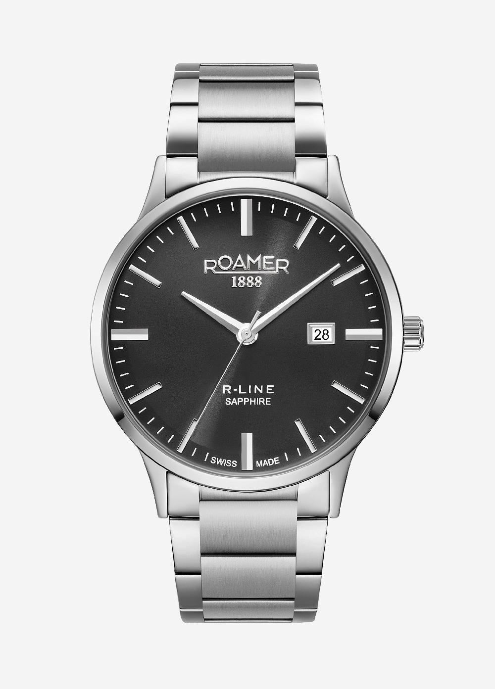 roamer R Line Classic 43 mm Quartz Three-Hand Date Black Dial Silver Bracelet Sapphire glass Stainless Steel swiss watch