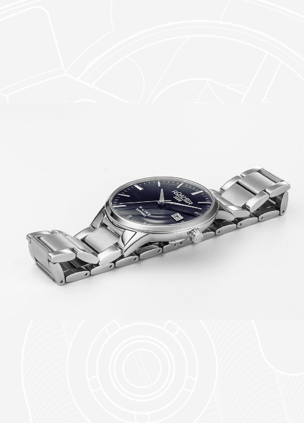 Roamer R Line Classic 43 Mm Quartz Three-Hand Date Blue W/ Silver Indexes Dial Silver Bracelet Sapphire Glass Stainless Steel Swiss Watch
