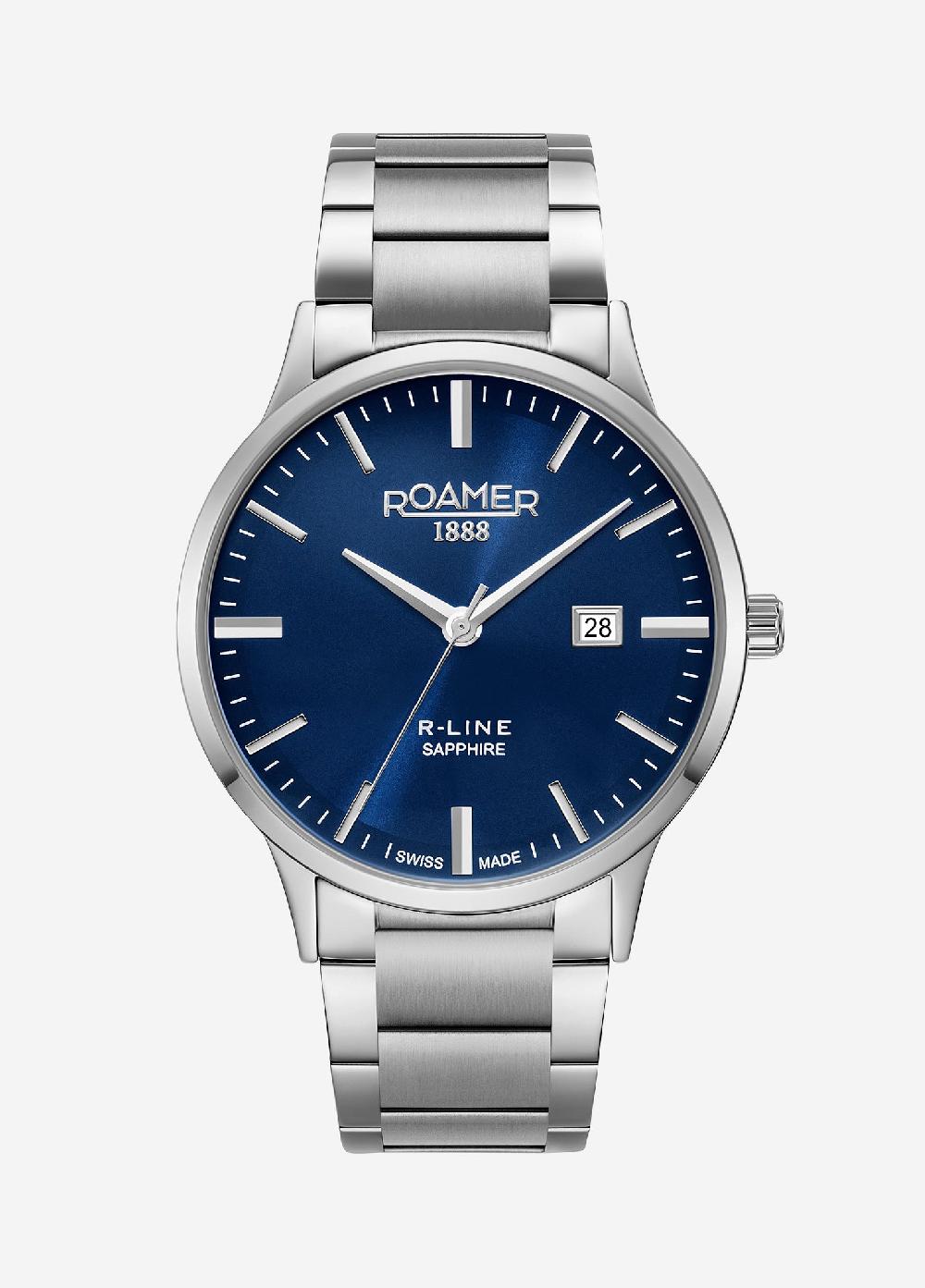 roamer R Line Classic 43 mm Quartz Three-Hand Date Blue W/ Silver Indexes Dial Silver Bracelet Sapphire glass Stainless Steel swiss watch
