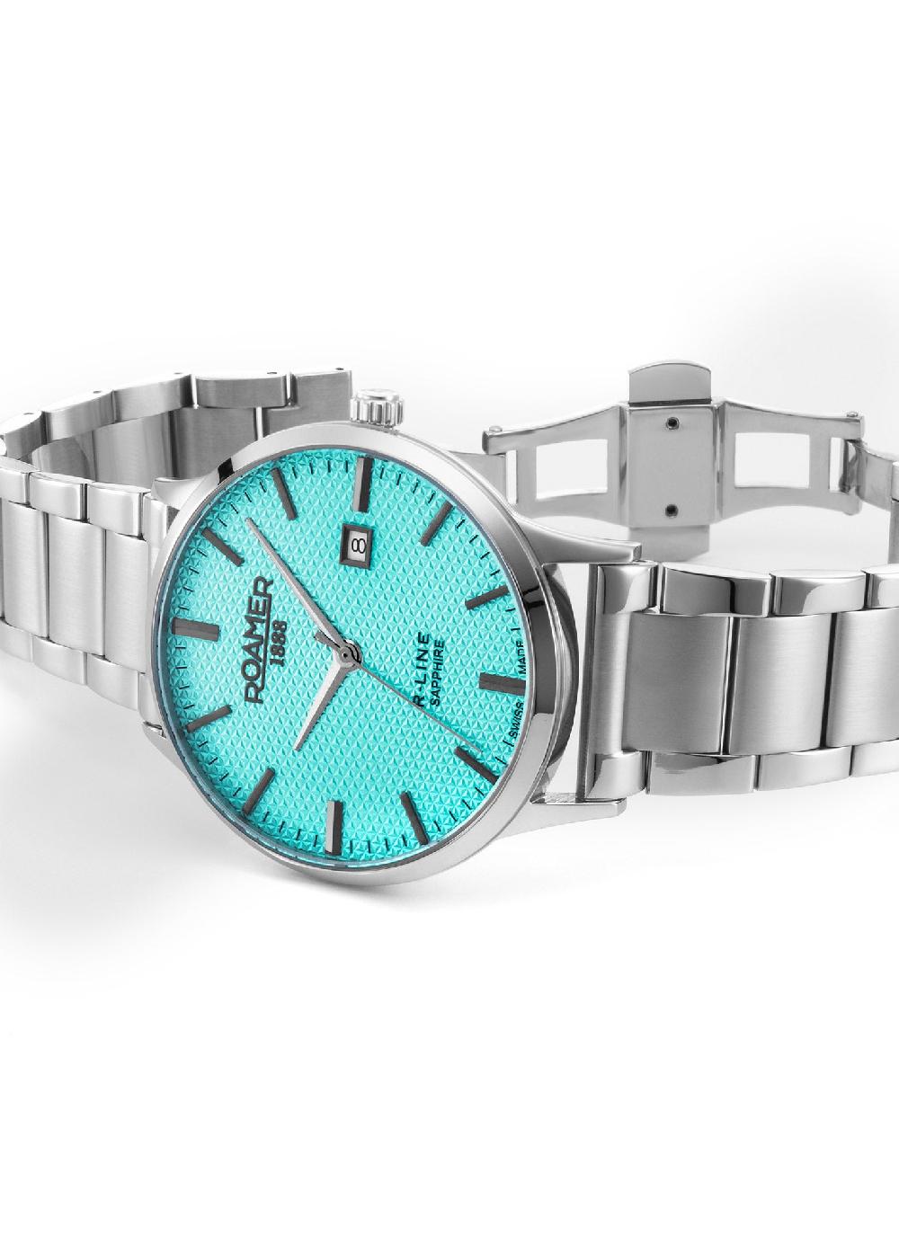 Roamer R Line Classic 43 Mm Quartz Three-Hand Date Sky Blue Dial Silver Bracelet Sapphire Glass Stainless Steel Swiss Watch