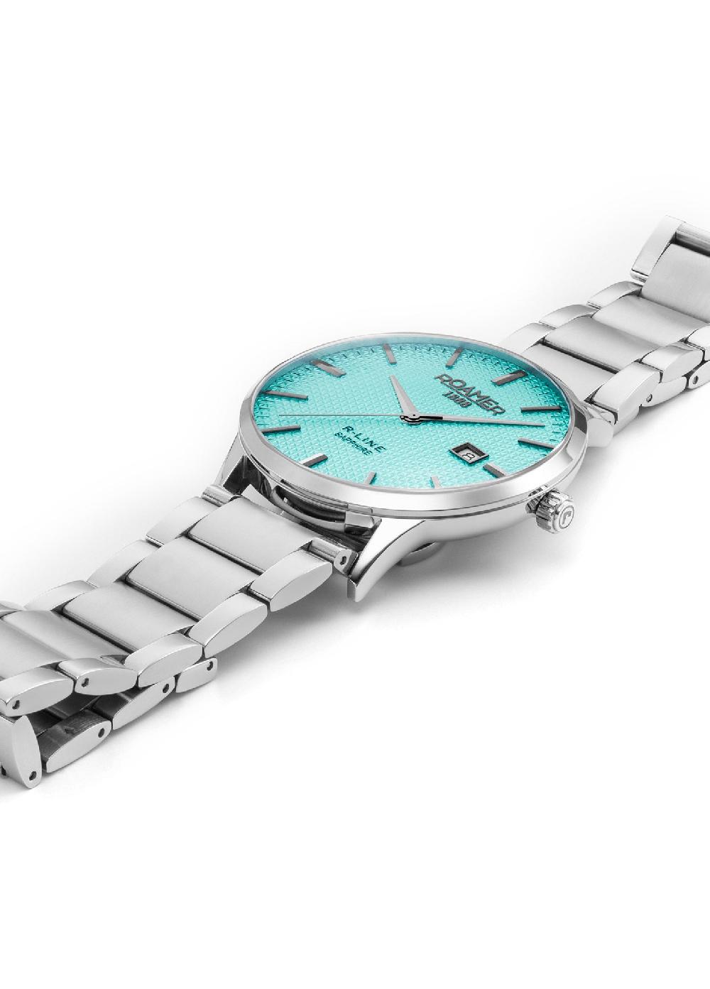 Roamer R Line Classic 43 Mm Quartz Three-Hand Date Sky Blue Dial Silver Bracelet Sapphire Glass Stainless Steel Swiss Watch