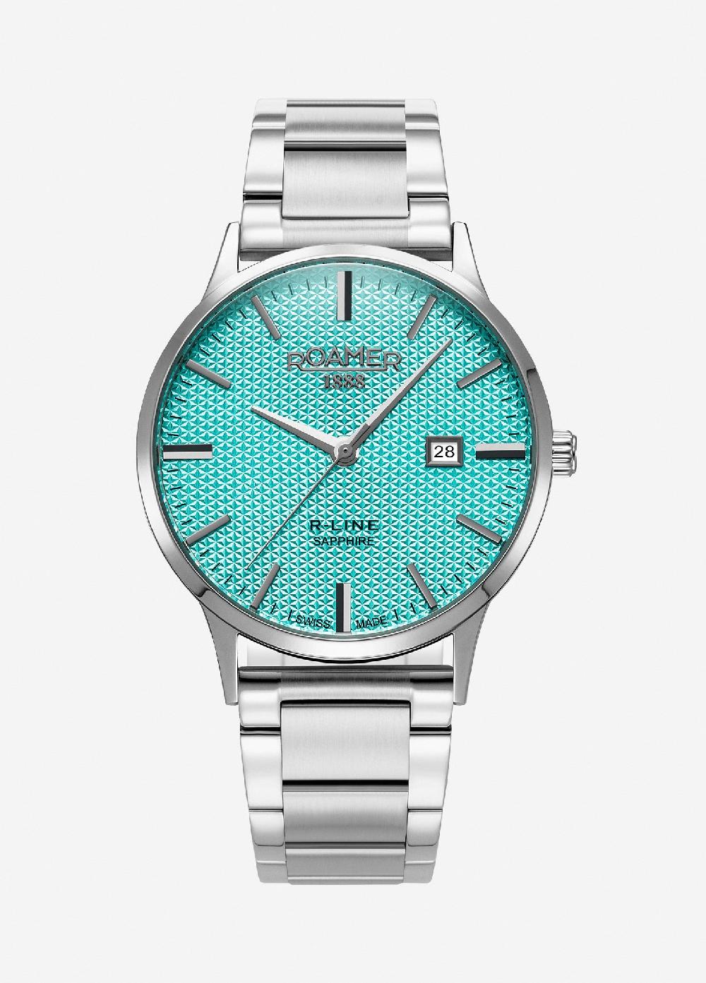 roamer R Line Classic 43 mm Quartz Three-Hand Date Sky Blue Dial Silver Bracelet Sapphire glass Stainless Steel swiss watch