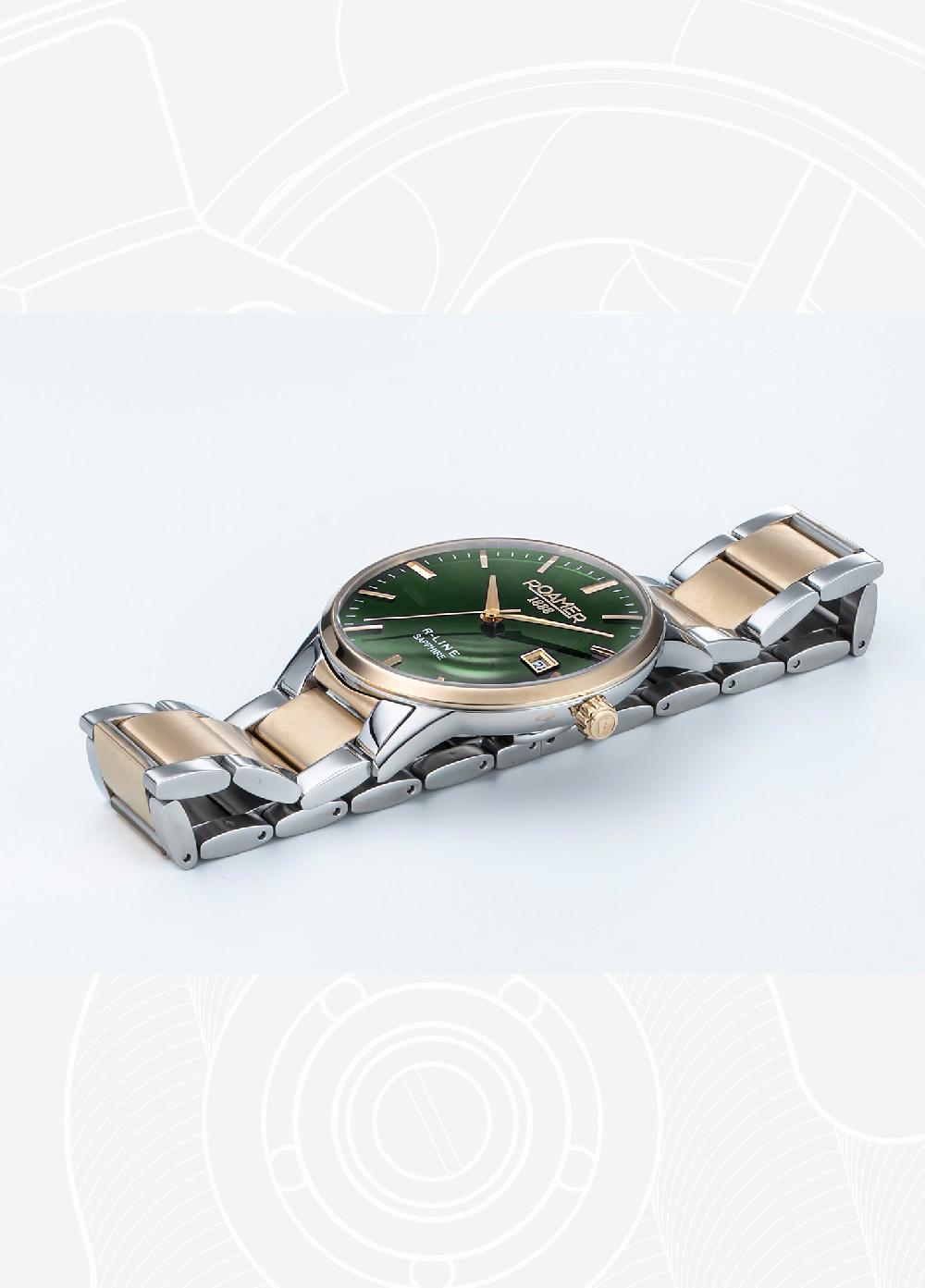 Roamer R Line Classic 43 Mm Quartz Three-Hand Date Two-Tone Bracelet Sapphire Glass Stainless Steel Swiss Watch
