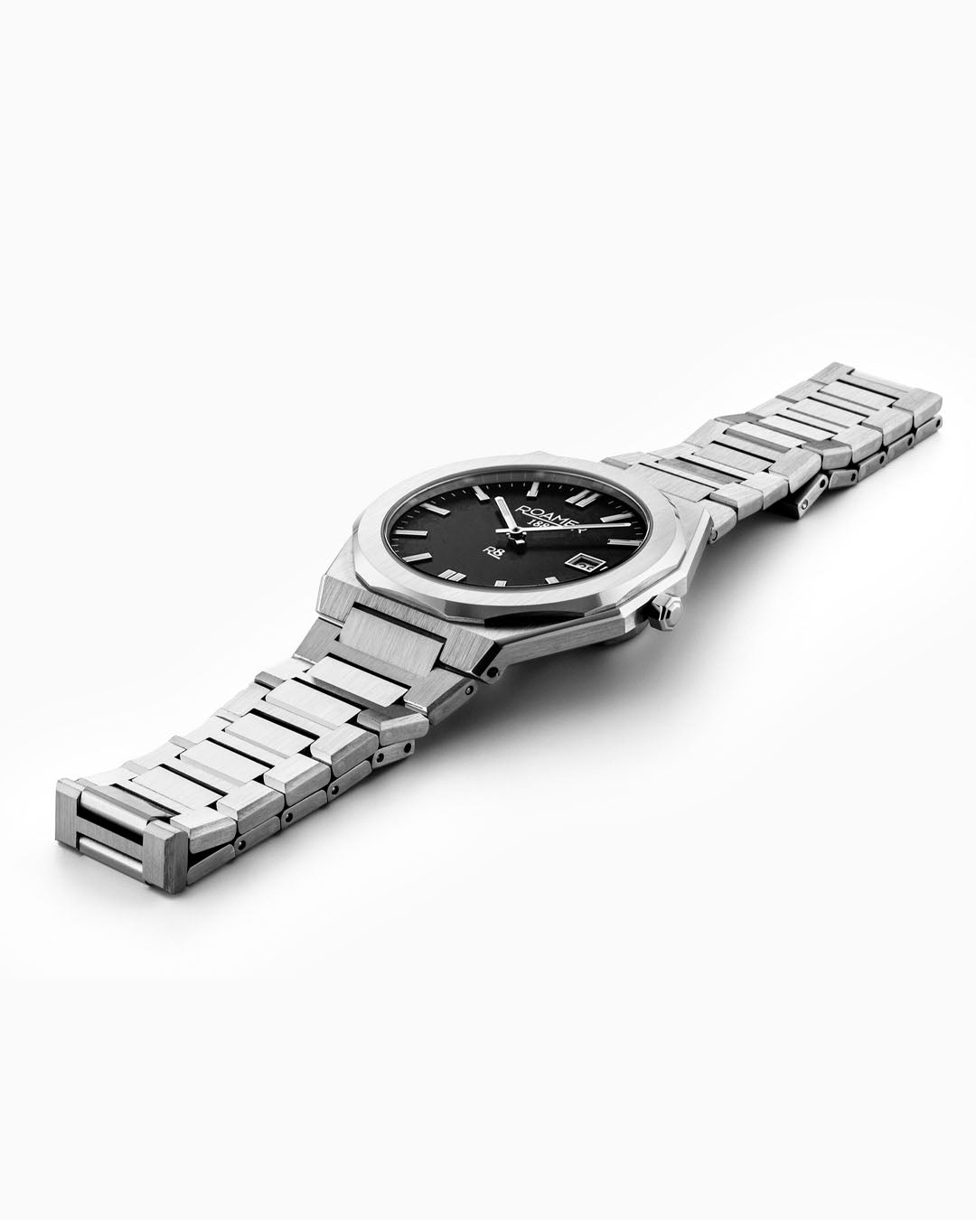 Roamer R8 Gents 41 Mm Quartz Three-Hand Date Black Sunray Dial Silver Bracelet Sapphire Glass Stainless Steel Swiss Watch