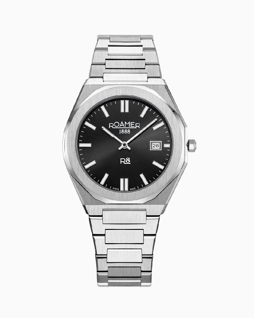 roamer R8 Gents 41 mm Quartz Three-Hand Date Black Sunray Dial Silver Bracelet Sapphire glass Stainless Steel swiss watch