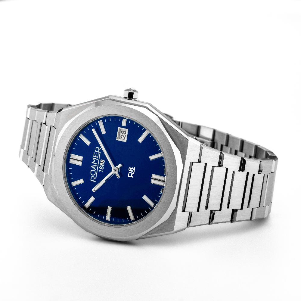 Roamer R8 Gents 41 Mm Quartz Three-Hand Date Blue Dial Silver Bracelet Sapphire Glass Stainless Steel Swiss Watch