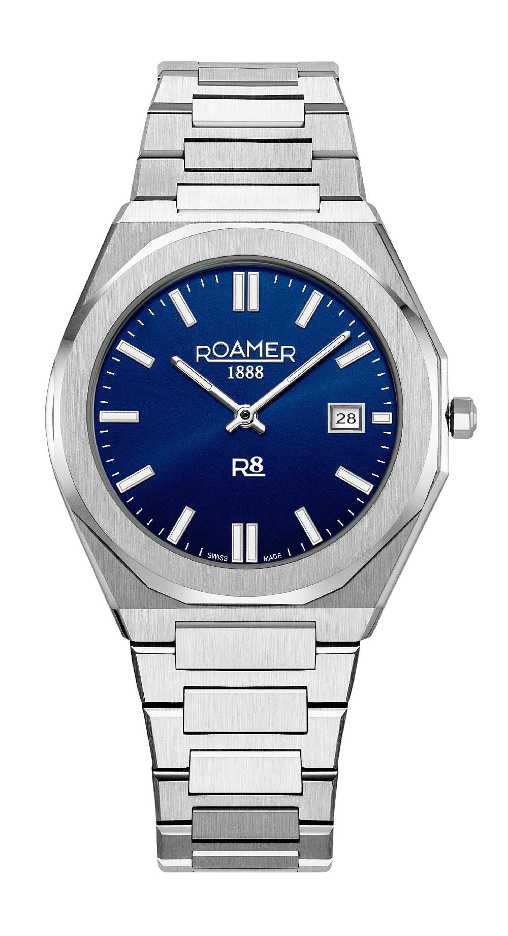 roamer R8 Gents 41 mm Quartz Three-Hand Date Blue Dial Silver Bracelet Sapphire glass Stainless Steel swiss watch