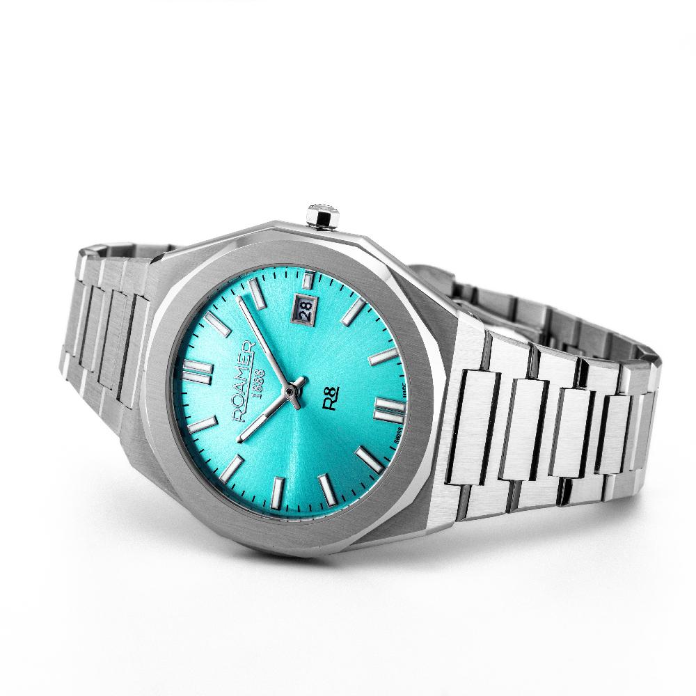 Roamer R8 Gents 41 Mm Quartz Three-Hand Date Light Blue Dial Silver Bracelet Sapphire Glass Stainless Steel Swiss Watch