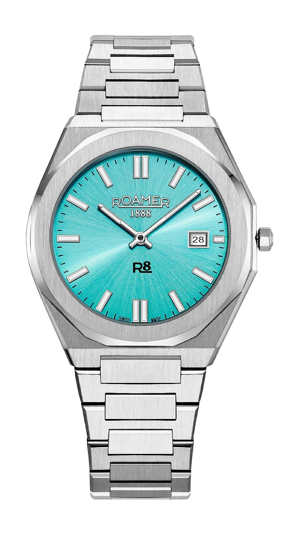 roamer R8 Gents 41 mm Quartz Three-Hand Date Light Blue Dial Silver Bracelet Sapphire glass Stainless Steel swiss watch