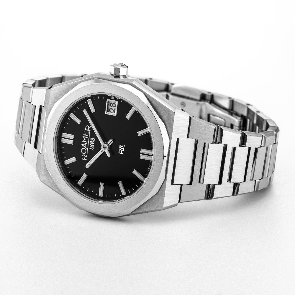 Roamer R8 Ladies 32.5mm Quartz Two-Hand Date Black Sunray Dial Silver Bracelet Sapphire Glass Stainless Steel Swiss Watch