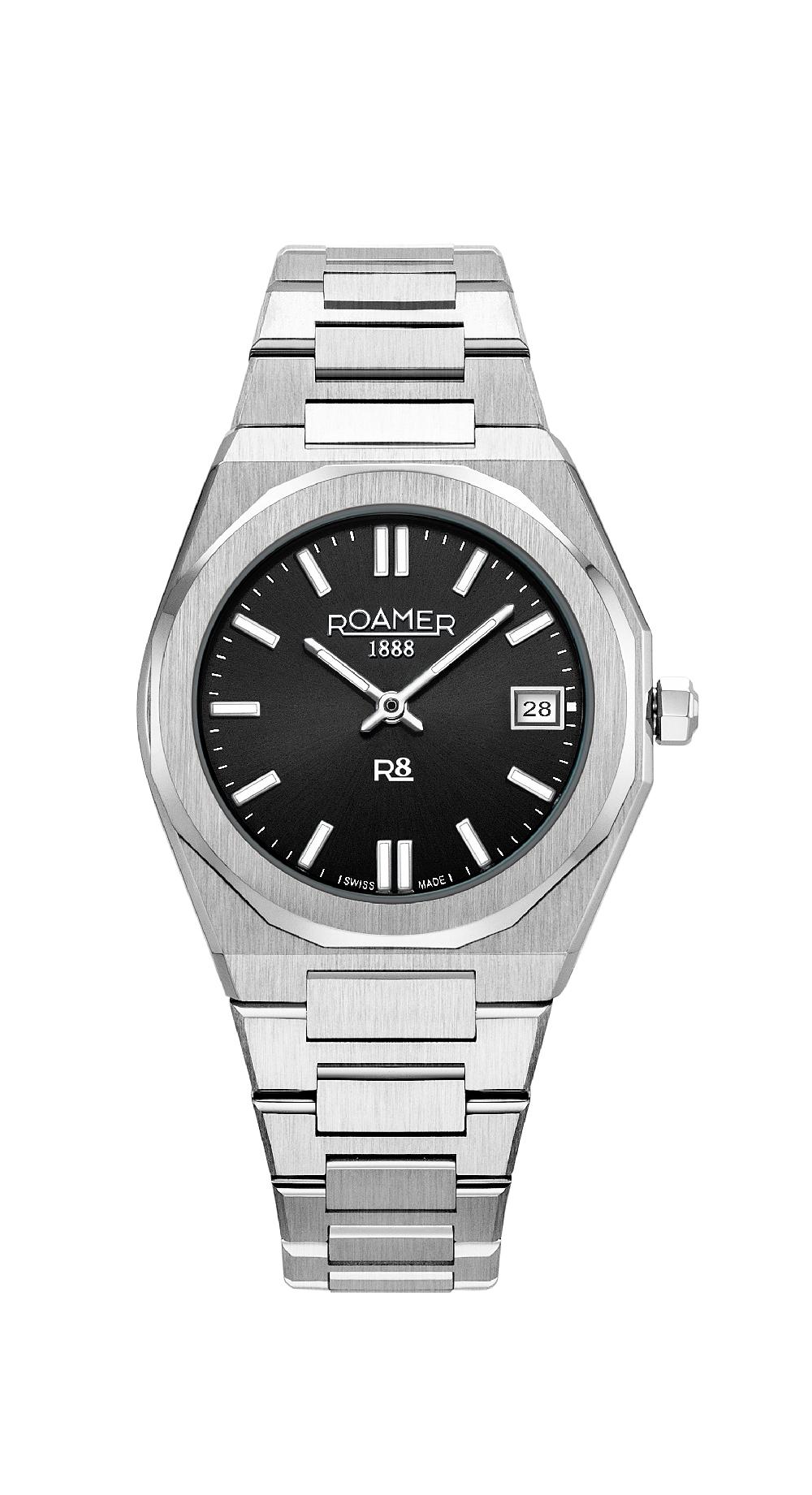 roamer R8 Ladies 32.5mm Quartz Two-Hand Date Black Sunray Dial Silver Bracelet Sapphire glass Stainless Steel swiss watch