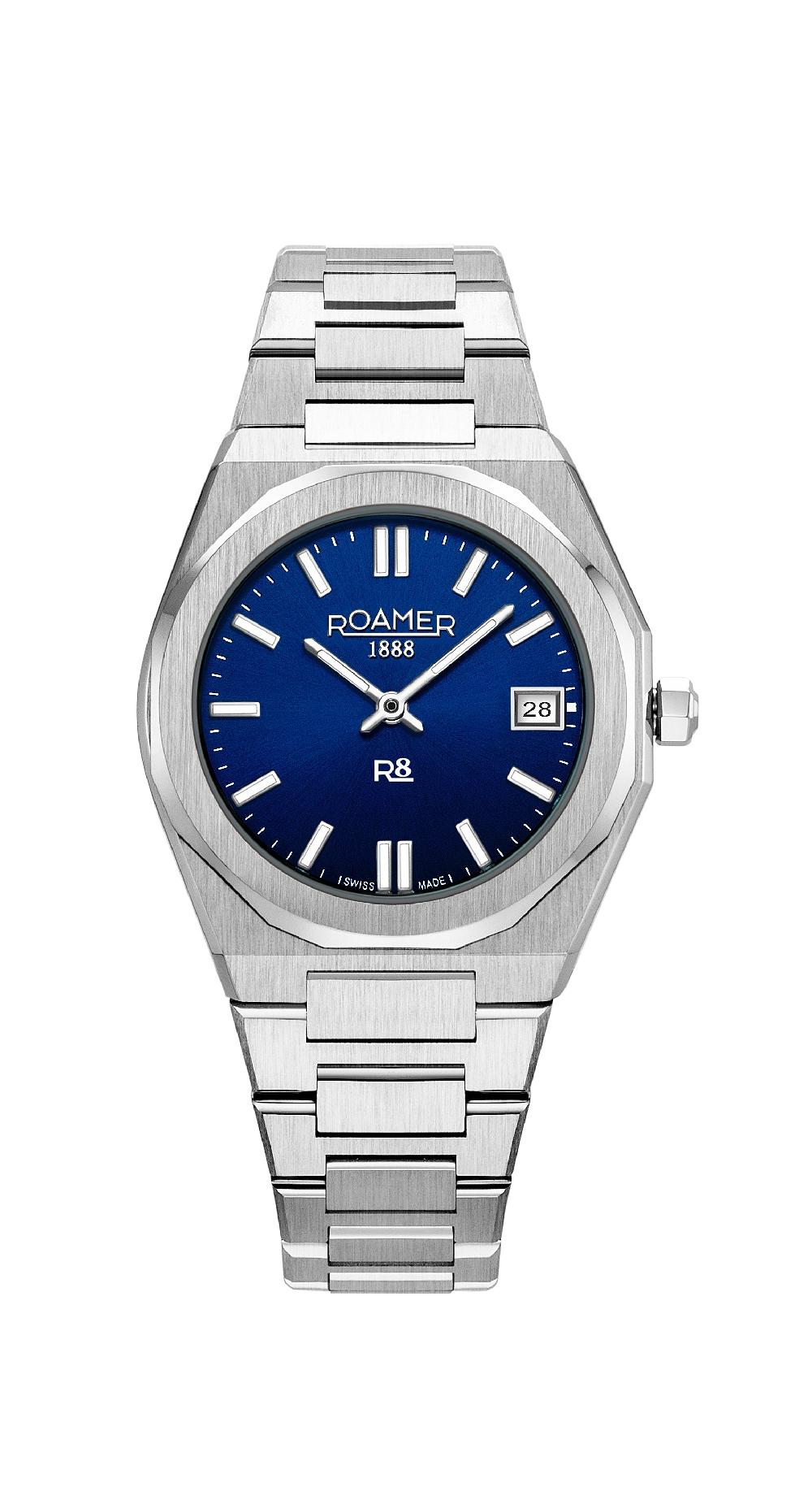 roamer R8 Ladies 32.5mm Quartz Two-Hand Date Blue Sunray Dial Silver Bracelet Sapphire glass Stainless Steel swiss watch