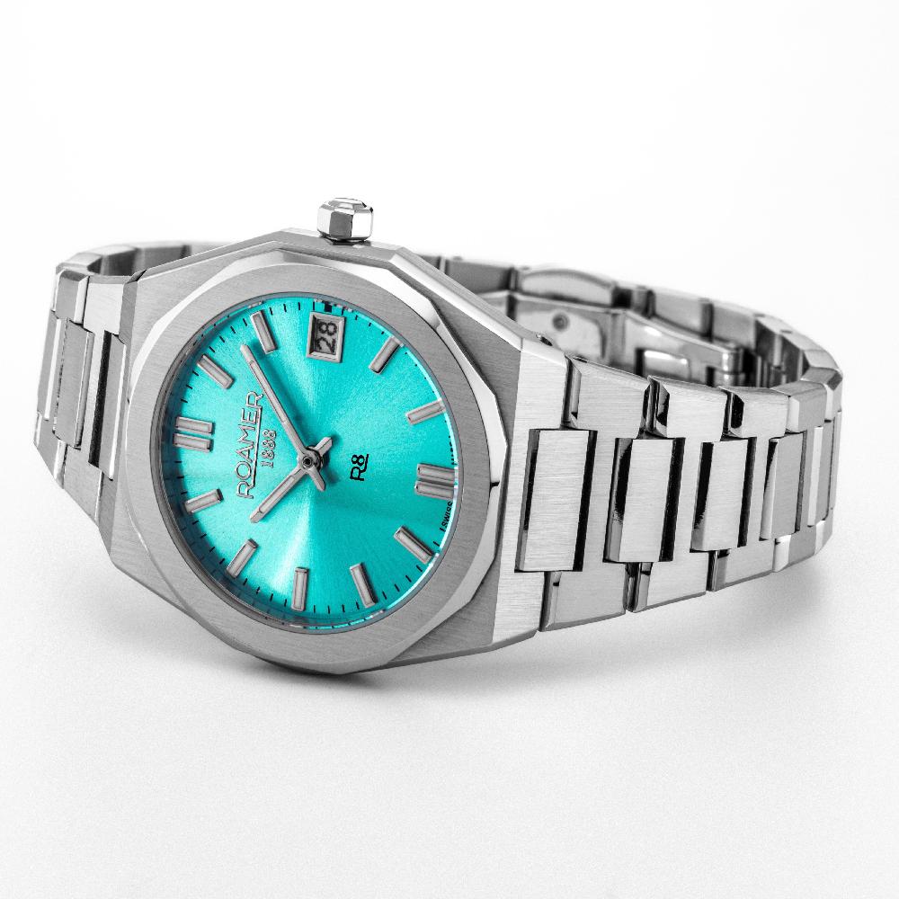 Roamer R8 Ladies 32.5mm Quartz Two-Hand Date Light Blue Sunray Dial Silver Bracelet Sapphire Glass Stainless Steel Swiss Watch