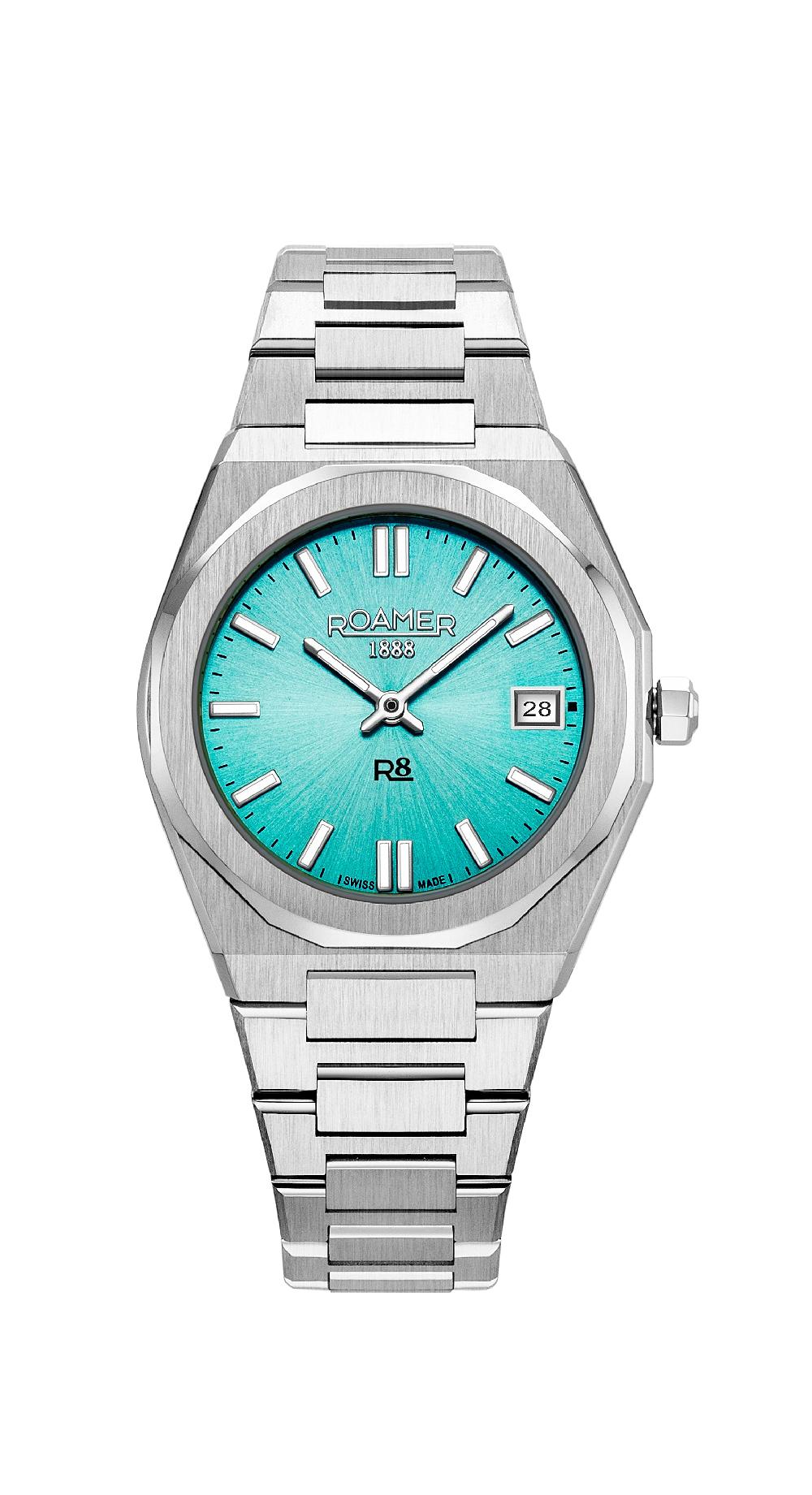 roamer R8 Ladies 32.5mm Quartz Two-Hand Date Light Blue Sunray Dial Silver Bracelet Sapphire glass Stainless Steel swiss watch