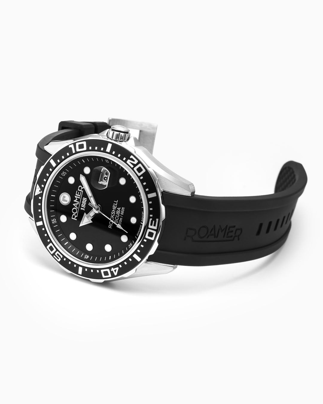 Roamer Rockshell Mark III Scuba 45 Mm Quartz Three-Hand Date Turning Bezel Black Rubber Strap Sapphire Glass Stainless Steel Swiss Watch