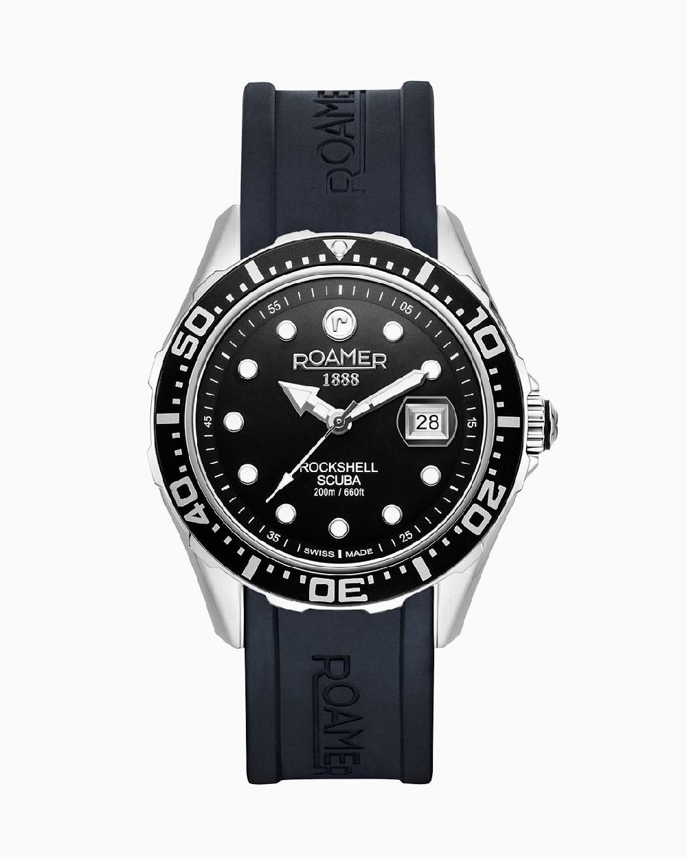 roamer Rockshell Mark III Scuba 45 mm Quartz Three-Hand Date Turning Bezel Black Rubber Strap Sapphire glass Stainless Steel swiss watch