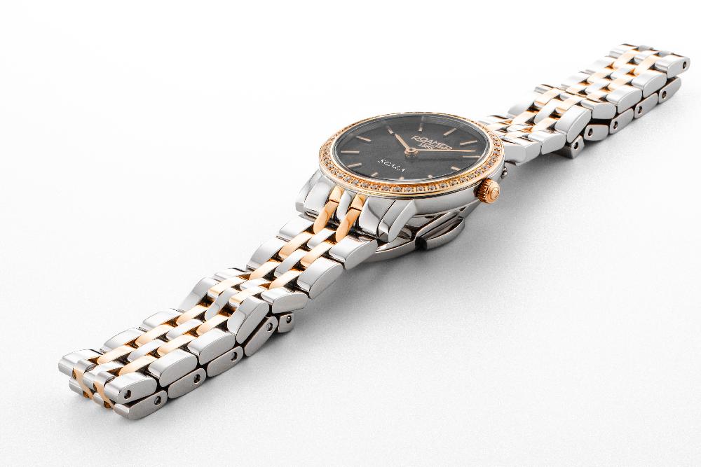 Roamer Scala 28 Mm Quartz Two-Hand Black MOP Dial Two-Tone Bracelet Sapphire Glass Stainless Steel Swiss Watch