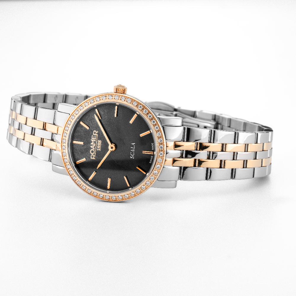 Roamer Scala 28 Mm Quartz Two-Hand Black MOP Dial Two-Tone Bracelet Sapphire Glass Stainless Steel Swiss Watch