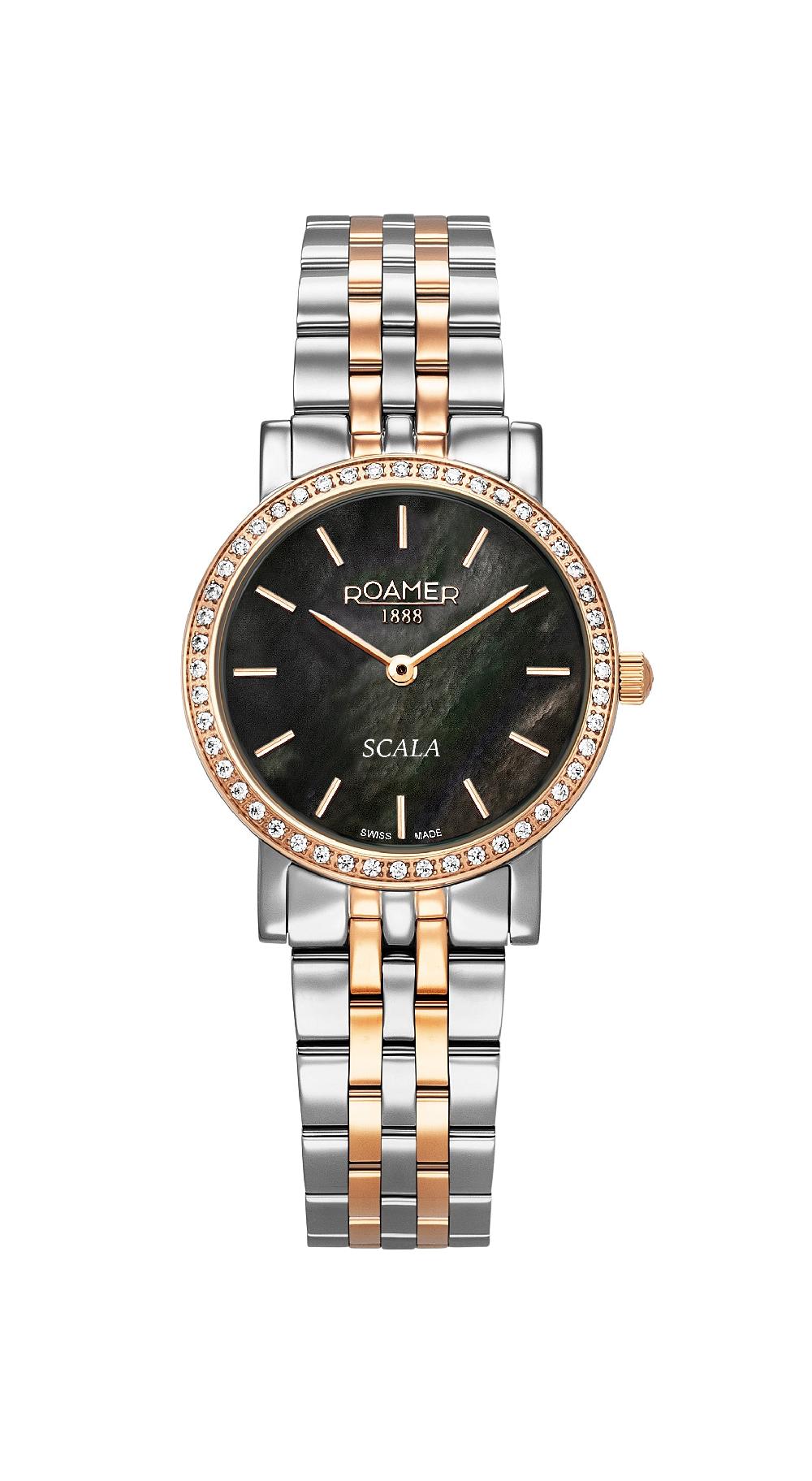 roamer Scala 28 mm Quartz Two-Hand Black MOP Dial Two-Tone Bracelet Sapphire glass Stainless Steel swiss watch