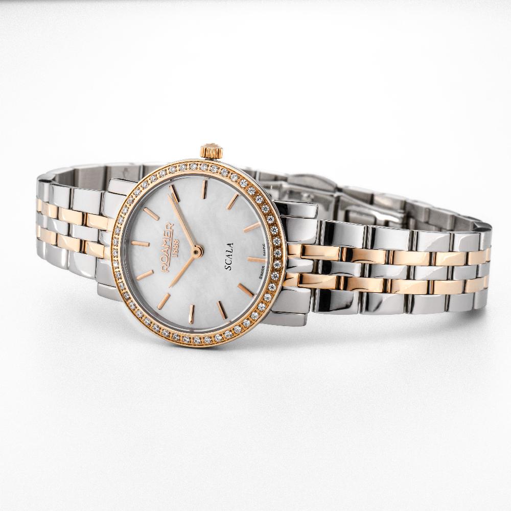 Roamer Scala 28 Mm Quartz Two-Hand White Mop Dial Rose Gold-Silver Tone Bracelet Sapphire Glass Stainless Steel Swiss Watch