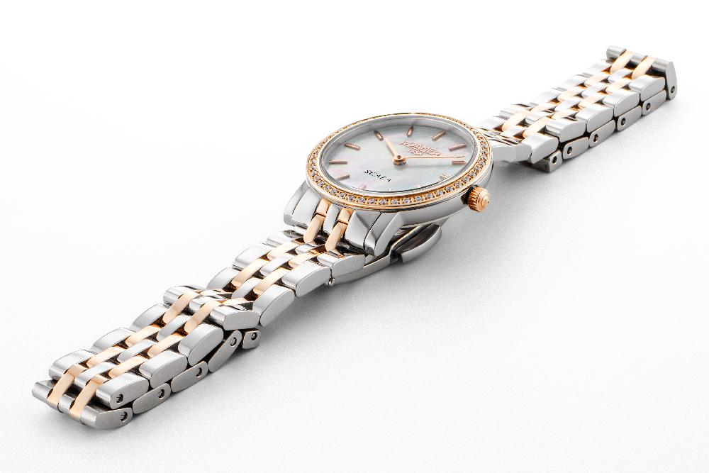 Roamer Scala 28 Mm Quartz Two-Hand White Mop Dial Rose Gold-Silver Tone Bracelet Sapphire Glass Stainless Steel Swiss Watch