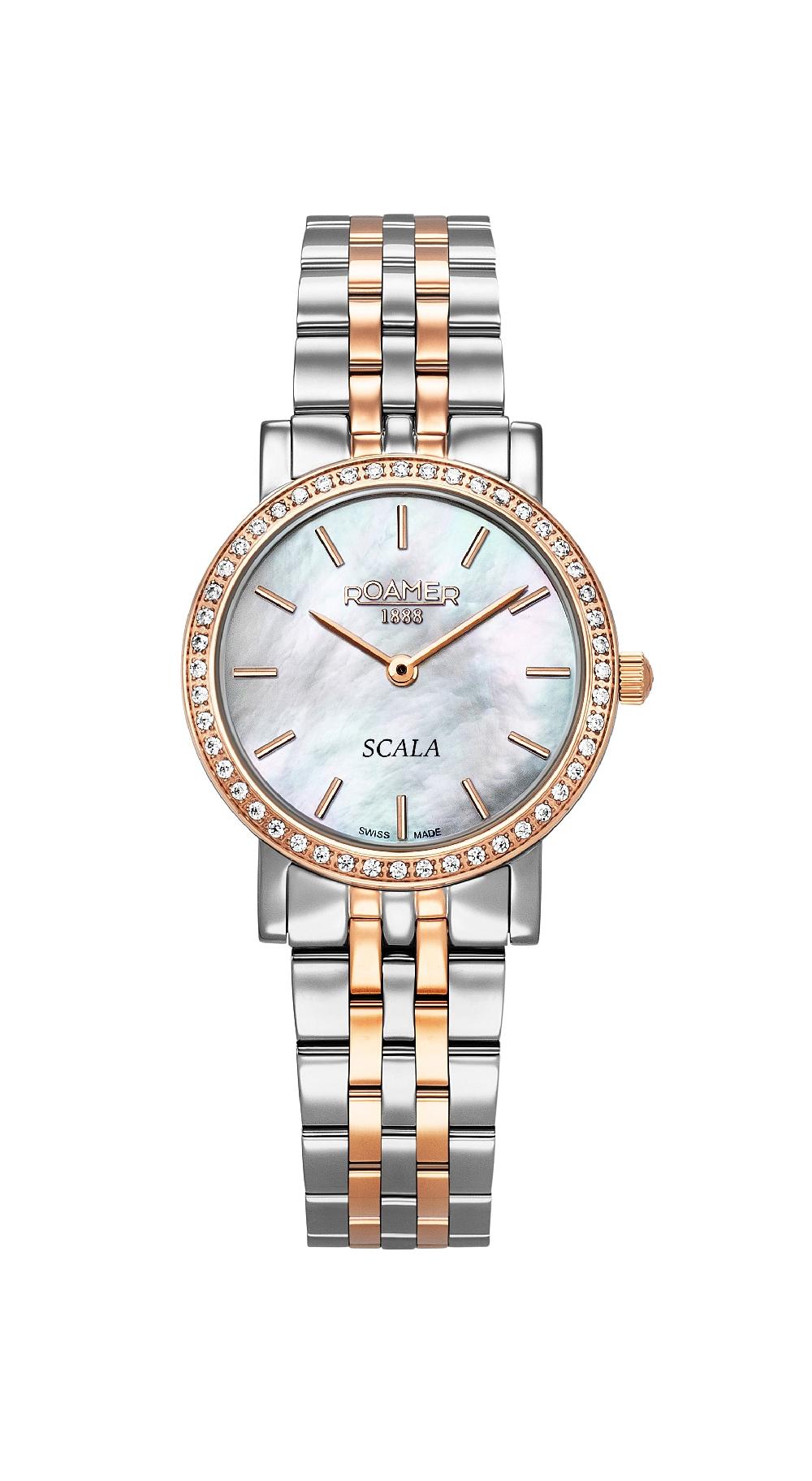 roamer Scala 28 mm Quartz Two-Hand White Mop Dial Rose Gold-Silver Tone Bracelet Sapphire glass Stainless Steel swiss watch