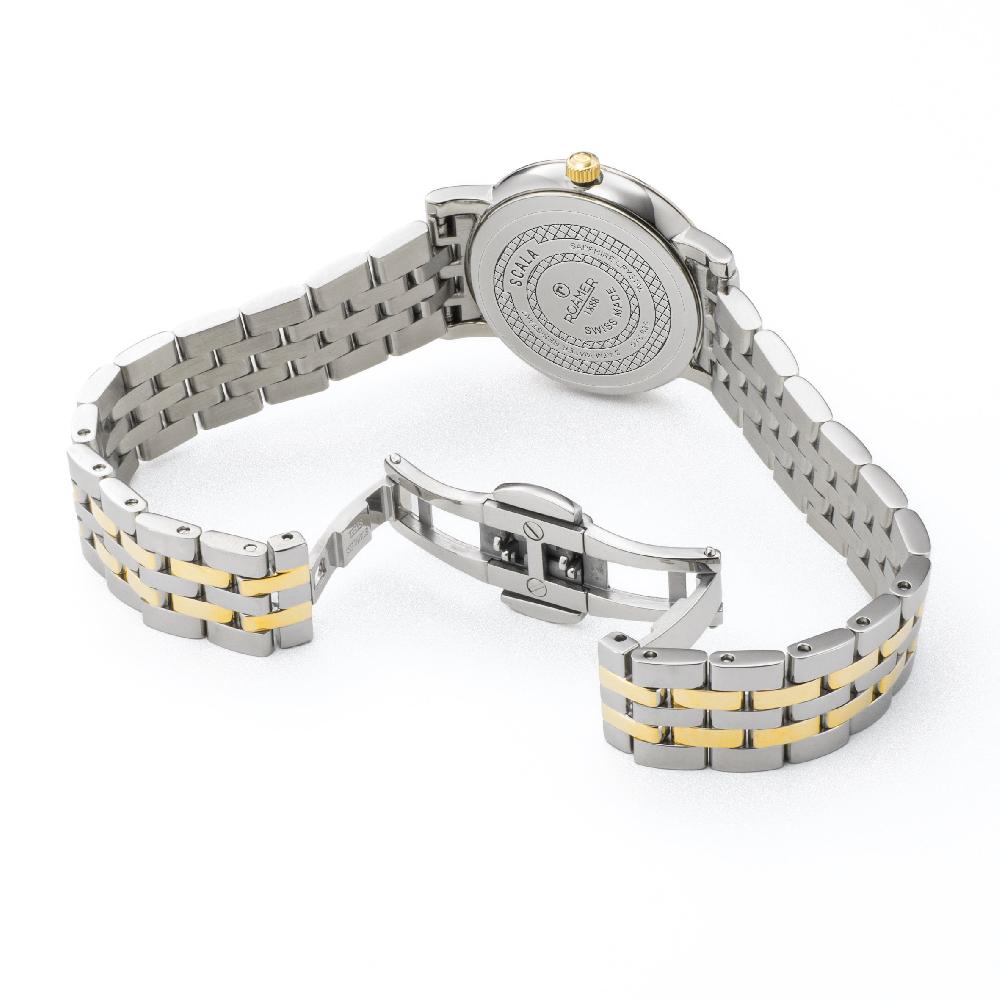 Roamer Scala 28 Mm Quartz Two-Hand White Mop Dial Silver-Gold Tone Bracelet Sapphire Glass Stainless Steel Swiss Watch