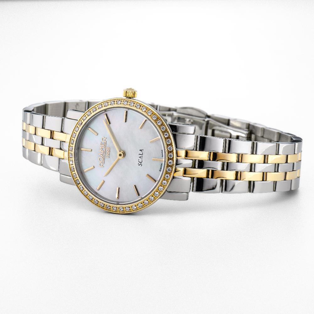 Roamer Scala 28 Mm Quartz Two-Hand White Mop Dial Silver-Gold Tone Bracelet Sapphire Glass Stainless Steel Swiss Watch