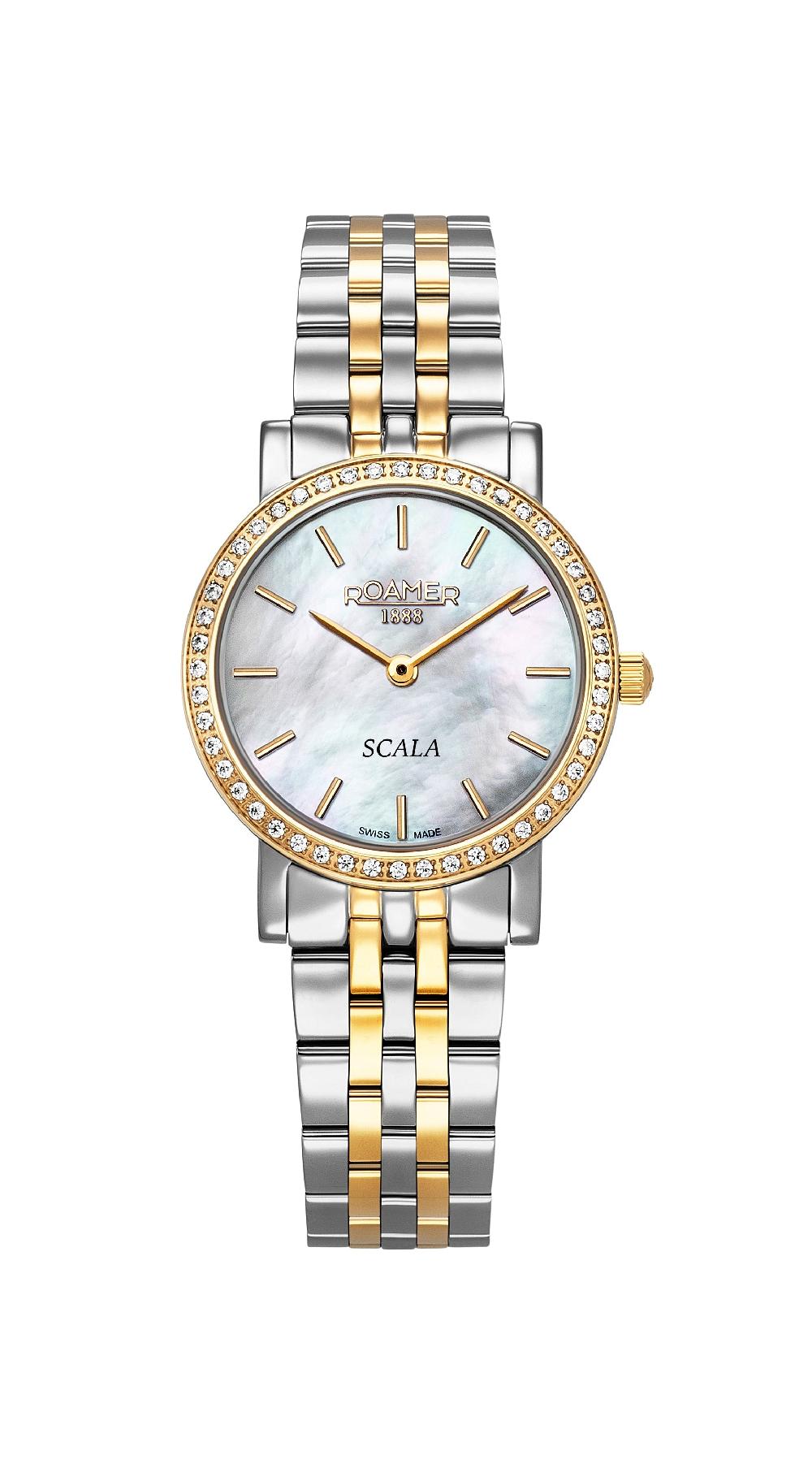 roamer Scala 28 mm Quartz Two-Hand White Mop Dial Silver-Gold Tone Bracelet Sapphire glass Stainless Steel swiss watch