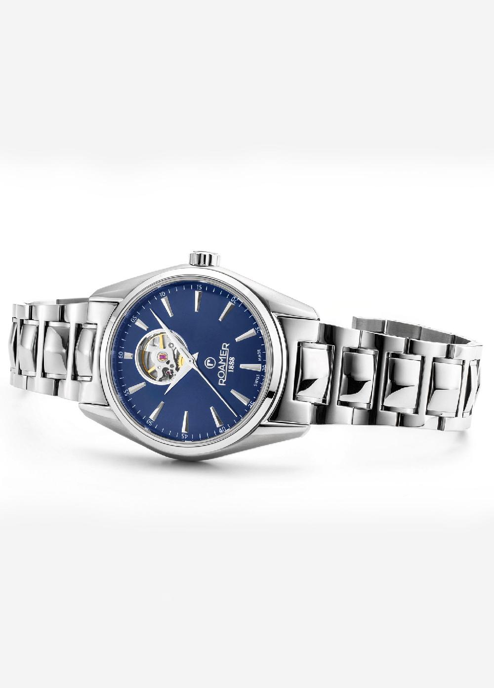 Roamer Searock Master 42 Mm Automatic Three-Hand Date Blue Sunray Dial Silver Bracelet Sapphire Antireflection Glass Stainless Steel Swiss Watch