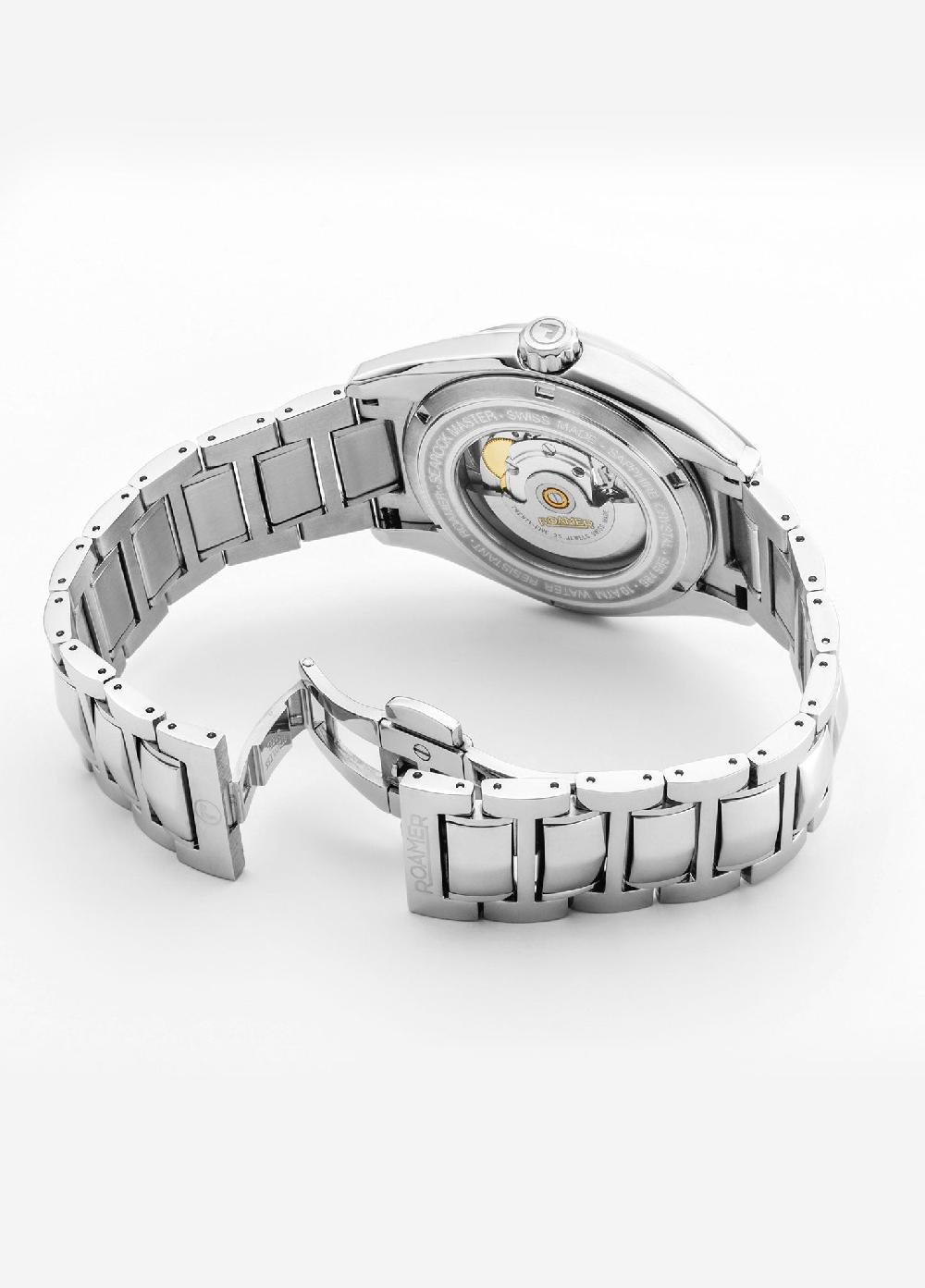 Roamer Searock Master 42 Mm Automatic Three-Hand Date Blue Sunray Dial Silver Bracelet Sapphire Antireflection Glass Stainless Steel Swiss Watch