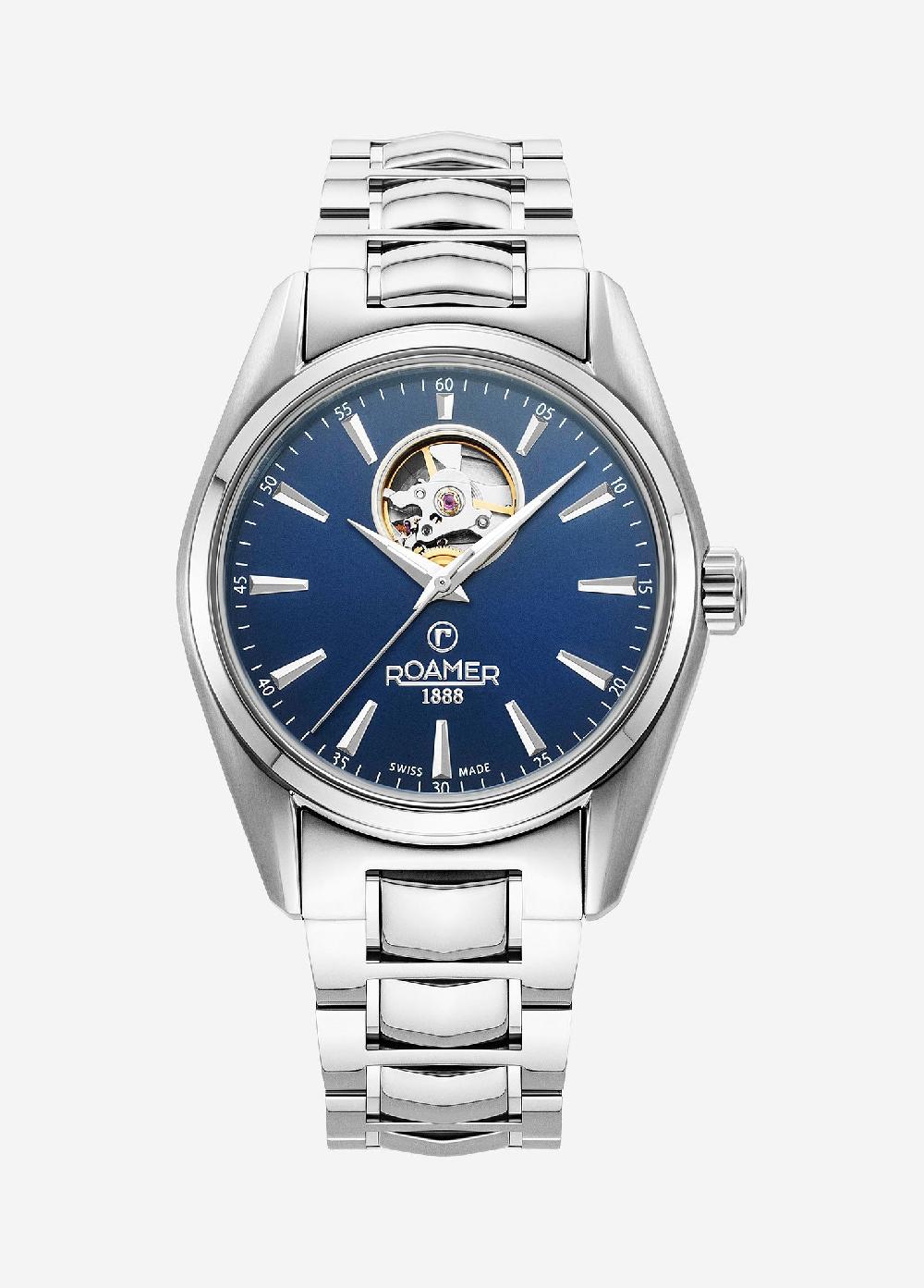 roamer Searock Master 42 mm Automatic Three-Hand Date Blue Sunray Dial Silver Bracelet Sapphire antireflection glass Stainless Steel swiss watch