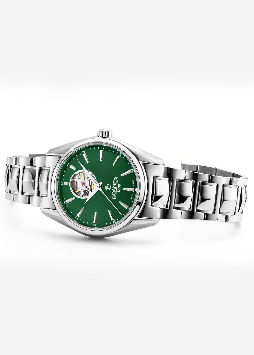 Roamer Searock Master 42 Mm Automatic Three-Hand Date Green Sunray Dial Silver Bracelet Sapphire Antireflection Glass Stainless Steel Swiss Watch