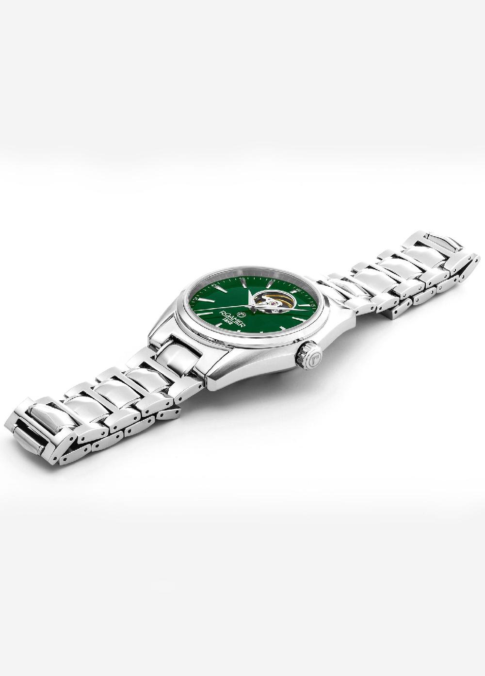 Roamer Searock Master 42 Mm Automatic Three-Hand Date Green Sunray Dial Silver Bracelet Sapphire Antireflection Glass Stainless Steel Swiss Watch