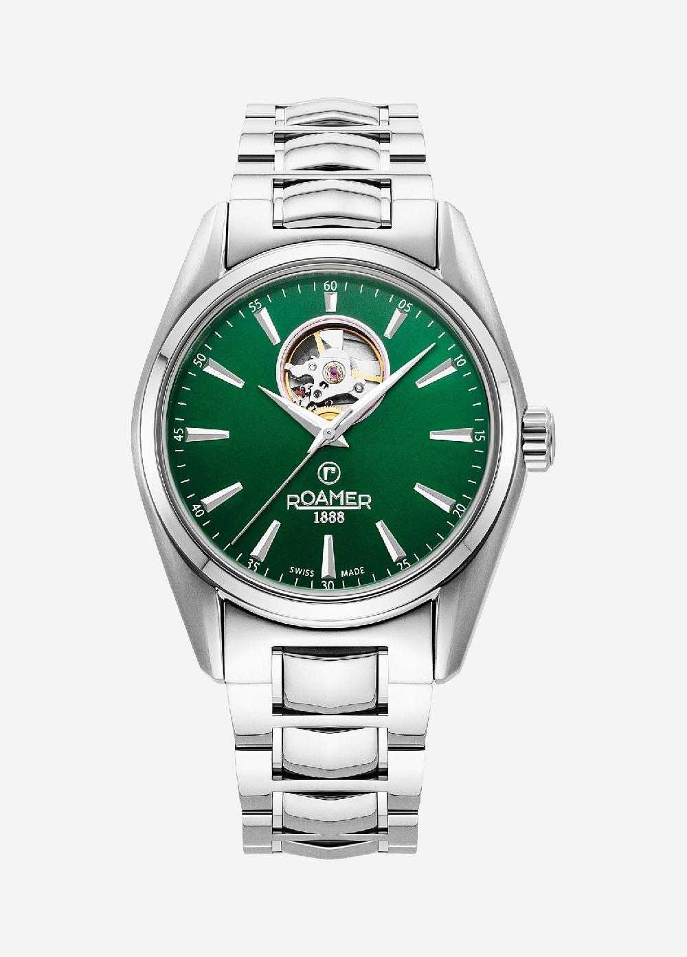 roamer Searock Master 42 mm Automatic Three-Hand Date Green Sunray Dial Silver Bracelet Sapphire antireflection glass Stainless Steel swiss watch