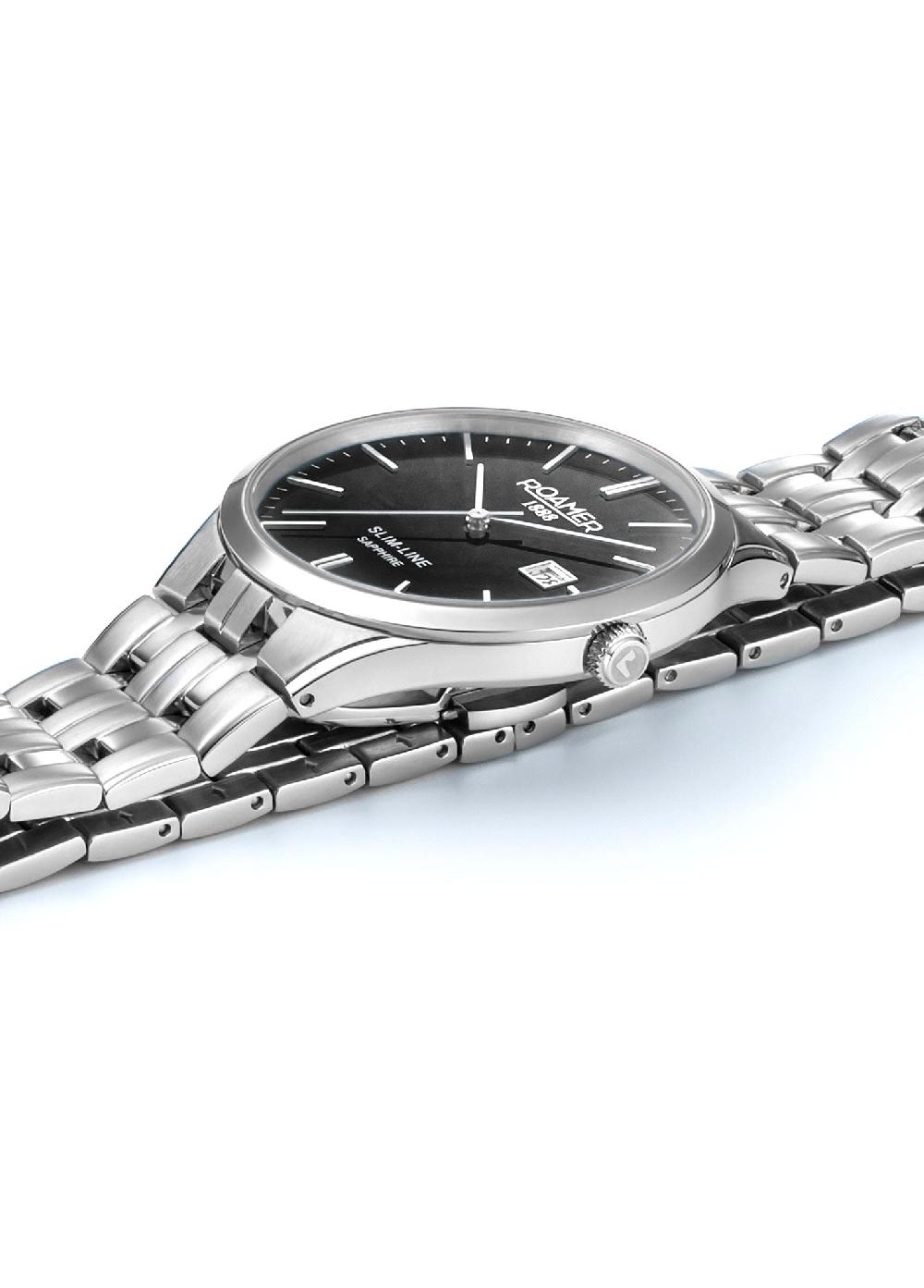 Roamer Slim Line Classic 40 Mm Quartz Three-Hand Date Black Dial Silver Bracelet Sapphire Glass Stainless Steel Swiss Watch