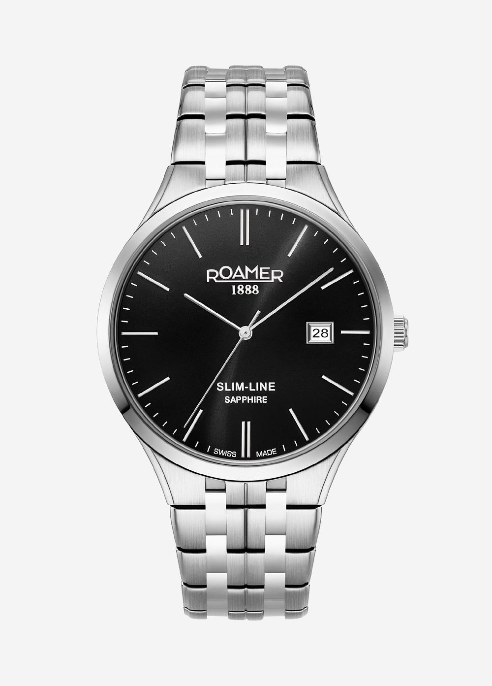 roamer Slim Line Classic 40 mm Quartz Three-Hand Date Black Dial Silver Bracelet Sapphire glass Stainless Steel swiss watch