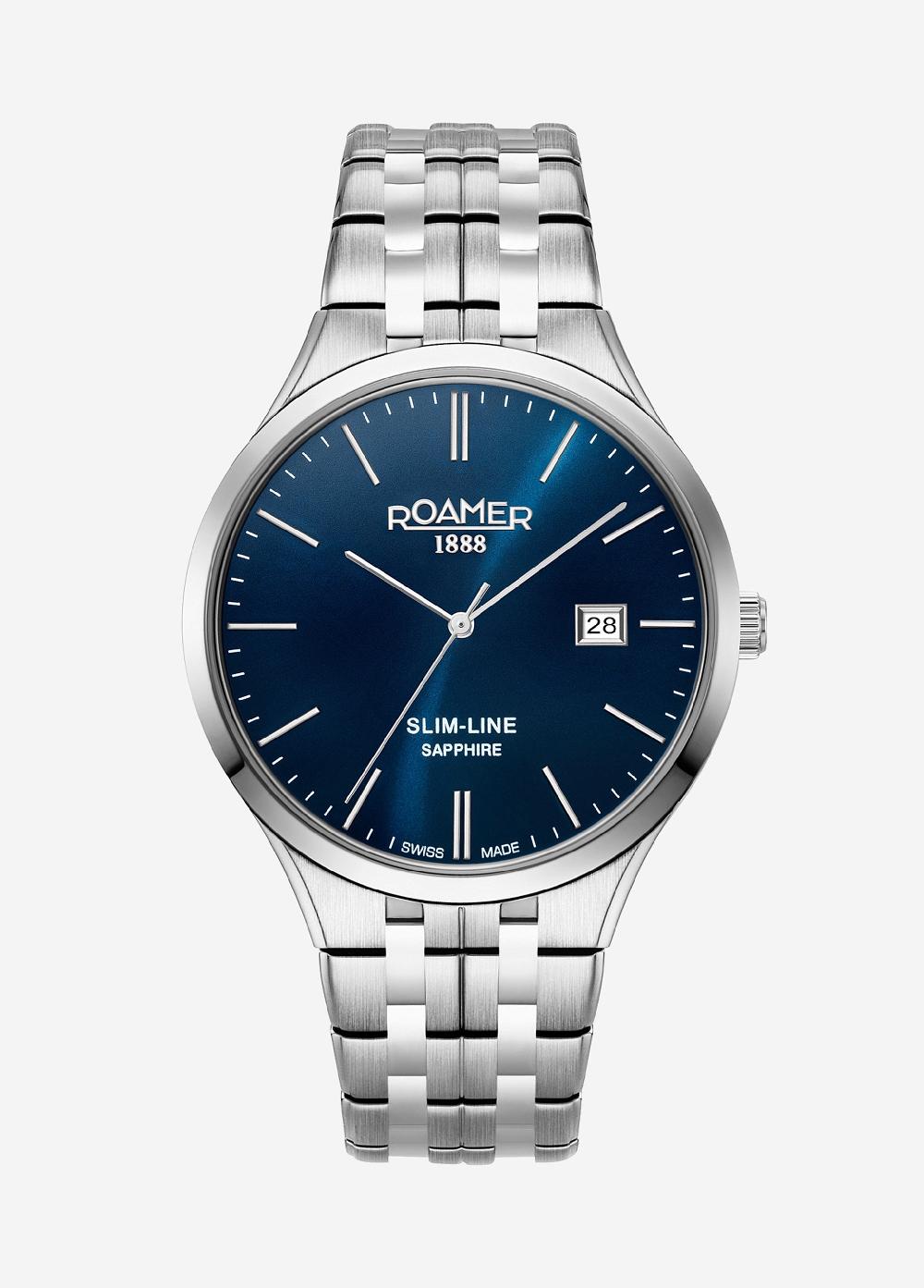 roamer Slim Line Classic 40 mm Quartz Three-Hand Date Blue Dial Silver Bracelet Sapphire glass Stainless Steel swiss watch