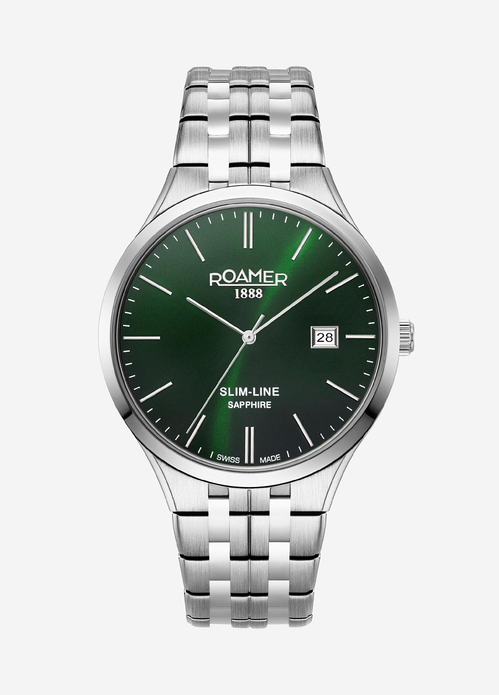 roamer Slim Line Classic 40 mm Quartz Three-Hand Date Green Dial Silver Bracelet Sapphire glass Stainless Steel swiss watch
