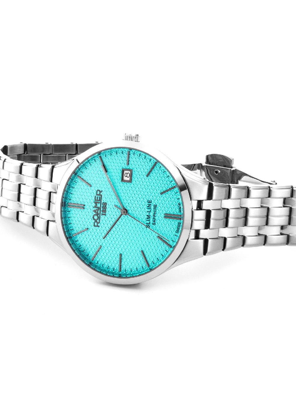 Roamer Slim Line Classic 40 Mm Quartz Three-Hand Date Sky Blue Dial Silver Bracelet Sapphire Glass Stainless Steel Swiss Watch