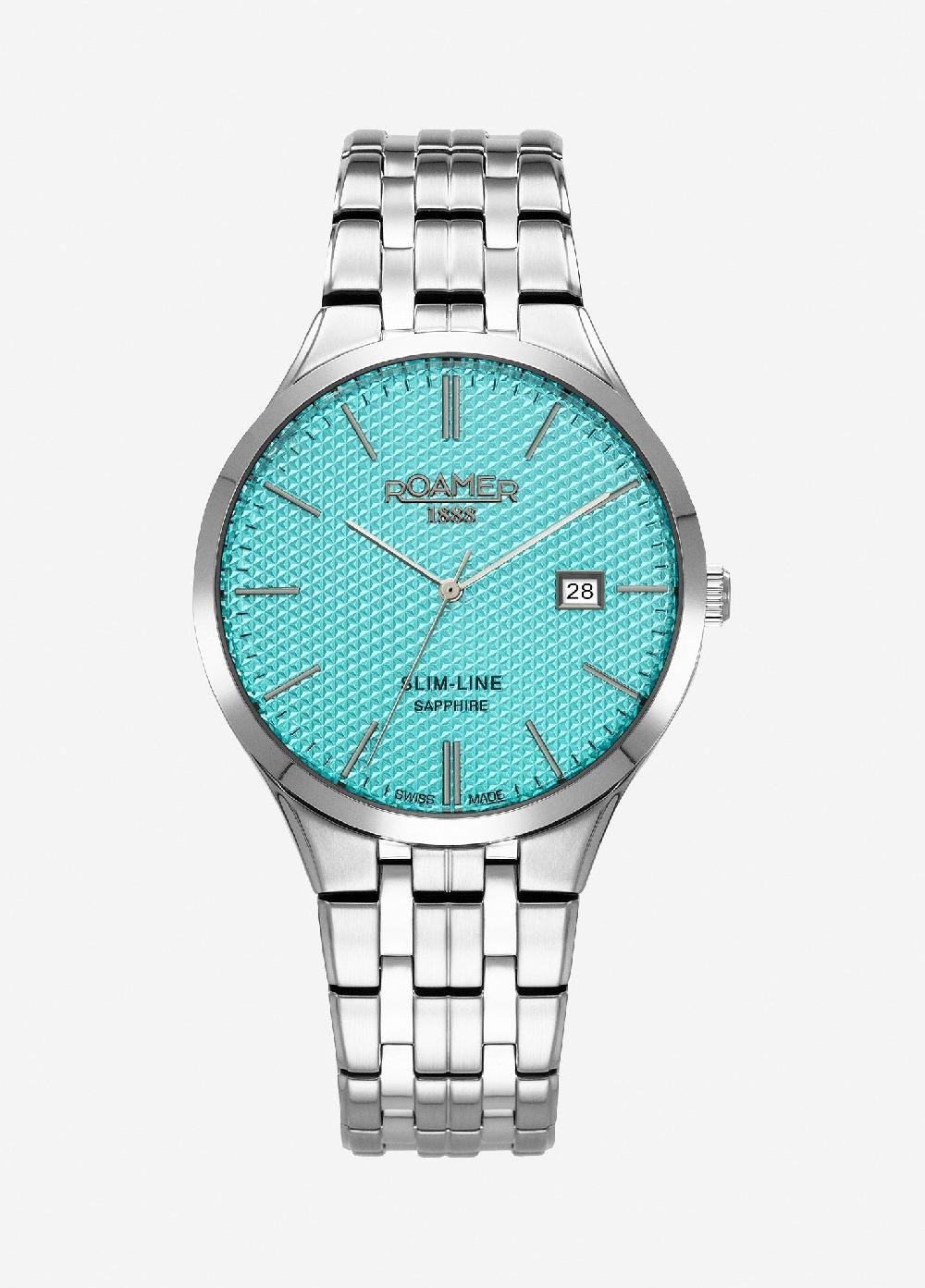 roamer Slim Line Classic 40 mm Quartz Three-Hand Date Sky Blue Dial Silver Bracelet Sapphire glass Stainless Steel swiss watch