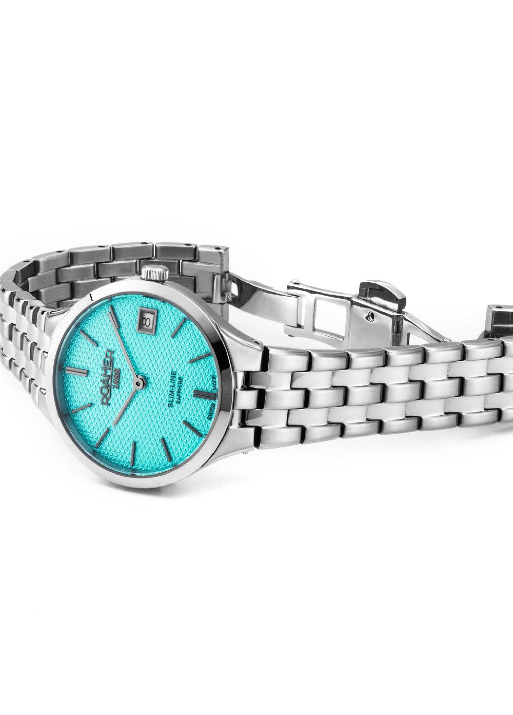 Roamer Slim Line Classic Ladies 30mm Quartz Two-Hand Date Sky Blue Dial Silver Bracelet Sapphire Glass Stainless Steel Swiss Watch