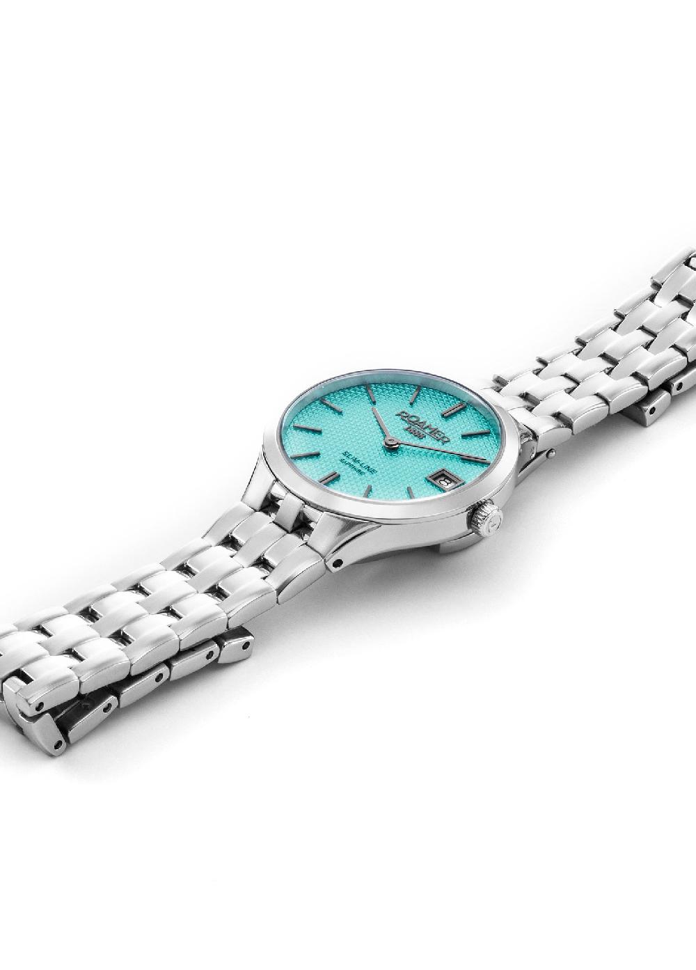 Roamer Slim Line Classic Ladies 30mm Quartz Two-Hand Date Sky Blue Dial Silver Bracelet Sapphire Glass Stainless Steel Swiss Watch