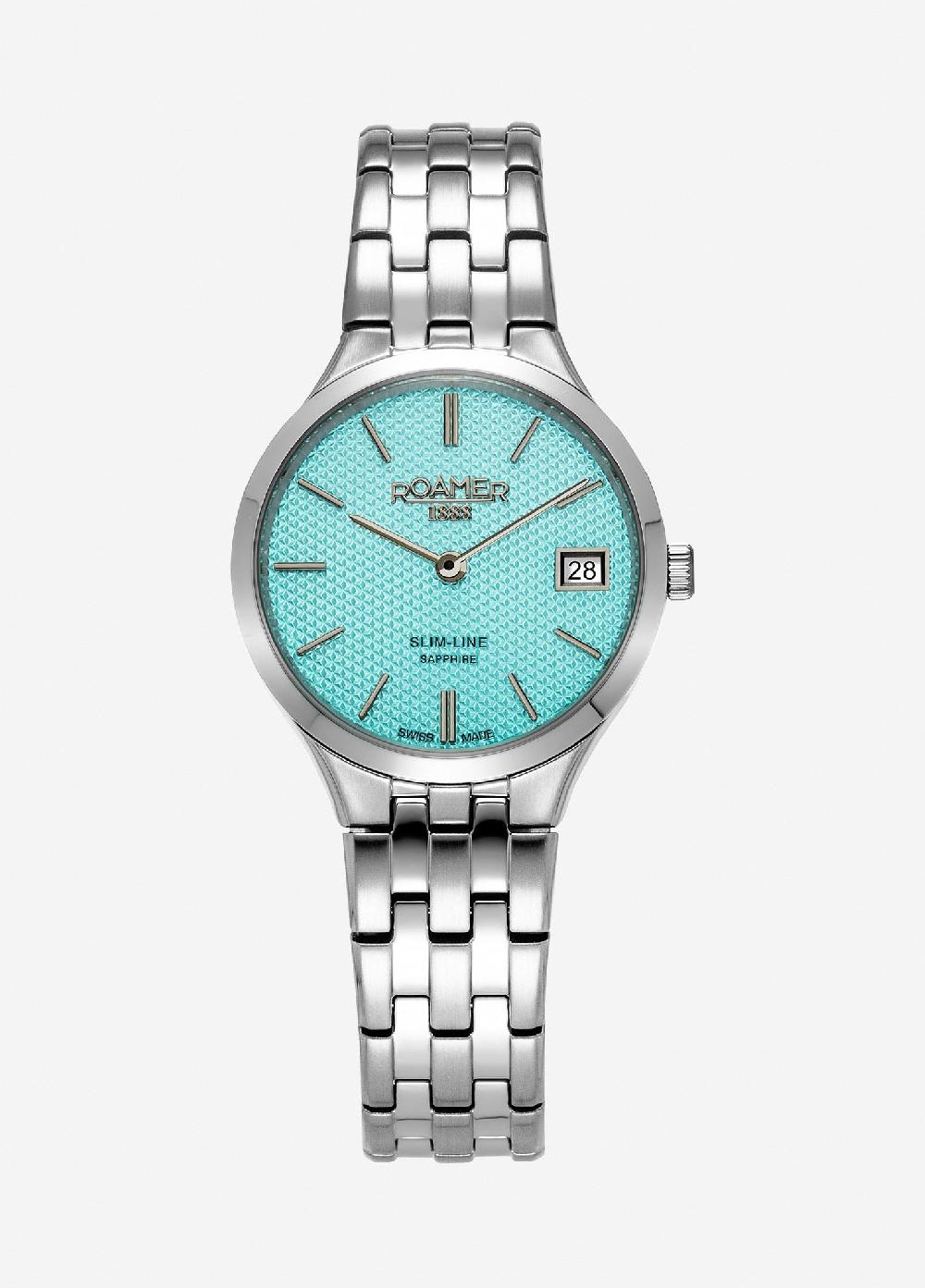 roamer Slim Line Classic Ladies 30mm Quartz Two-Hand Date Sky Blue Dial Silver Bracelet Sapphire glass Stainless Steel swiss watch