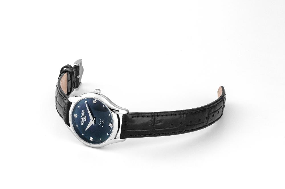 Roamer Soleure 30mm Quartz Two-Hand Black Mop Dial Black Leather Bracelet Sapphire Glass Stainless Steel Swiss Watch