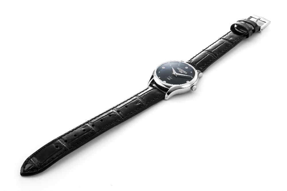 Roamer Soleure 30mm Quartz Two-Hand Black Mop Dial Black Leather Bracelet Sapphire Glass Stainless Steel Swiss Watch