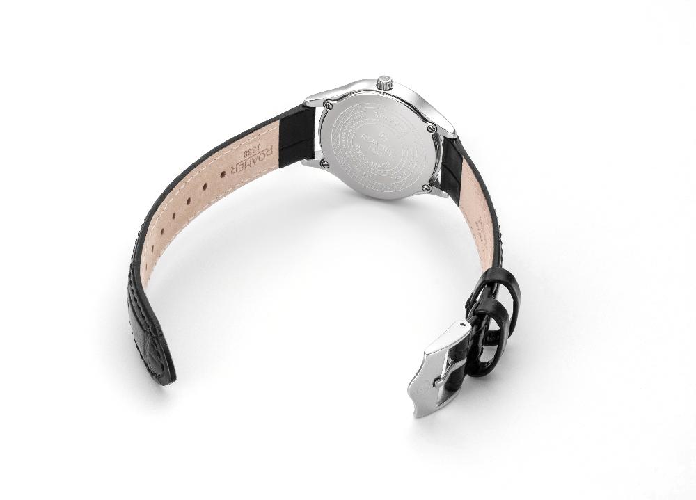 Roamer Soleure 30mm Quartz Two-Hand Black Mop Dial Black Leather Bracelet Sapphire Glass Stainless Steel Swiss Watch